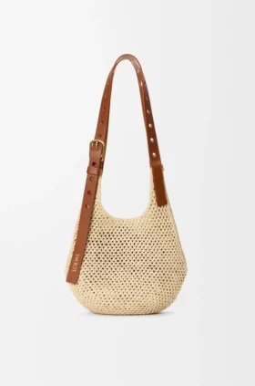 Bolso hobo pequeño con perforaciones, de rafia y piel de becerro