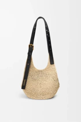 Bolso hobo pequeño con perforaciones, de rafia y piel de becerro