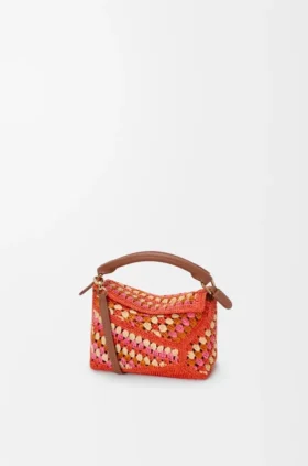 Bolso Mini Puzzle Edge de rafia y piel de becerro