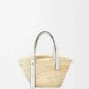 Bolso tipo cesta pequeño de hoja de palma y piel de becerro