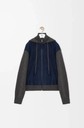 Sudadera con capucha híbrida con cremallera, de ante de cabra y mezcla de lana