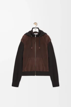 Sudadera con capucha híbrida con cremallera, de ante de cabra y mezcla de lana